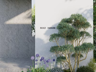 Shrubs Enhancing MAO HOUSE Exterior with White Wall and Purple Flowers in Landscaping 3d model