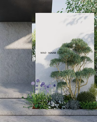 Shrubs Enhancing MAO HOUSE Exterior with White Wall and Purple Flowers in Landscaping 3d model