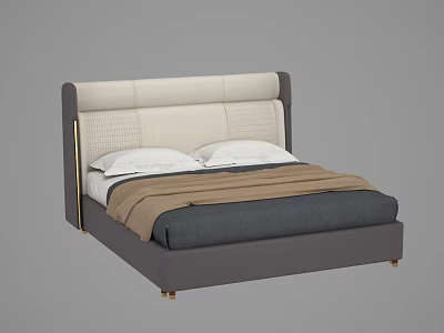 Modern Double Bed With Upholstered Beige Gray Headboard White Pillows Gray Bedding Brown Throw Blanket 3d model