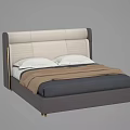 Modern Double Bed With Upholstered Beige Gray Headboard White Pillows Gray Bedding Brown Throw Blanket