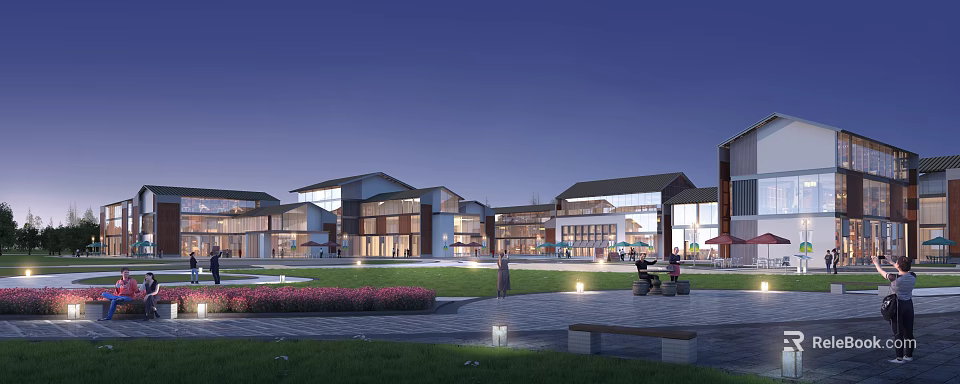 Modern Commercial Street with Open Plaza Greenery Lighting and Pedestrian Activities 3d model 