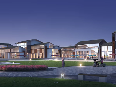 Modern Commercial Street with Open Plaza Greenery Lighting and Pedestrian Activities 3d model