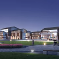 Modern Commercial Street with Open Plaza Greenery Lighting and Pedestrian Activities