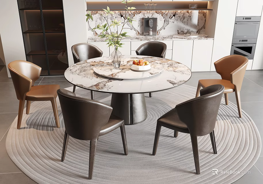 Round Marble Dining Table Set with Brown Leather Chairs and Vase in Modern Kitchen 3d model