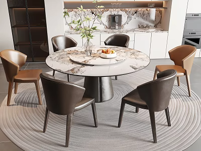 Round Marble Dining Table Set with Brown Leather Chairs and Vase in Modern Kitchen 3d model