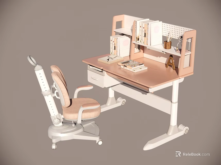 Comfortable Pink Office Chair With Wheels Next To Modern Desk And Bookshelf 3d model 