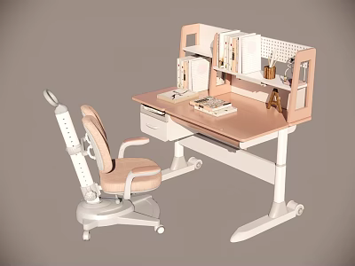 Comfortable Pink Office Chair With Wheels Next To Modern Desk And Bookshelf 3d model