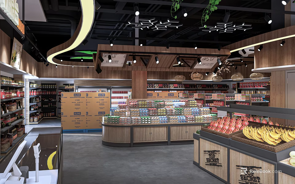 Well Lit Grocery Store Interior With Wooden Shelves Various Products Fruit And Beverage Displays 3d model 