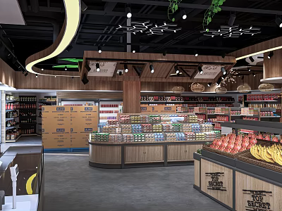 Well Lit Grocery Store Interior With Wooden Shelves Various Products Fruit And Beverage Displays 3d model