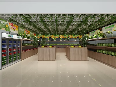 Bright Fruit Store Interior With Green Plant Decoration Fruit Display Counters And Refrigerators 3d model