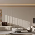 Modern Living Room with Beige Sofa Striped Armchair Round Coffee Table and Colorful Abstract Painting