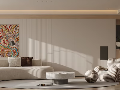 Modern Living Room with Beige Sofa Striped Armchair Round Coffee Table and Colorful Abstract Painting 3d model