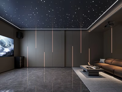 Starry Ceiling Home Theater Room With Large Screen Brown Sofa And Ambient Lighting 3d model