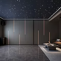 Starry Ceiling Home Theater Room With Large Screen Brown Sofa And Ambient Lighting