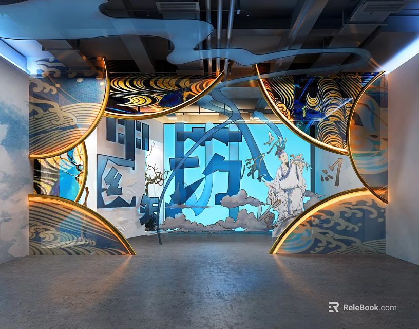 Art Installation With Curved Blue And Gold Decorations And Illuminated Patterns 3d model
