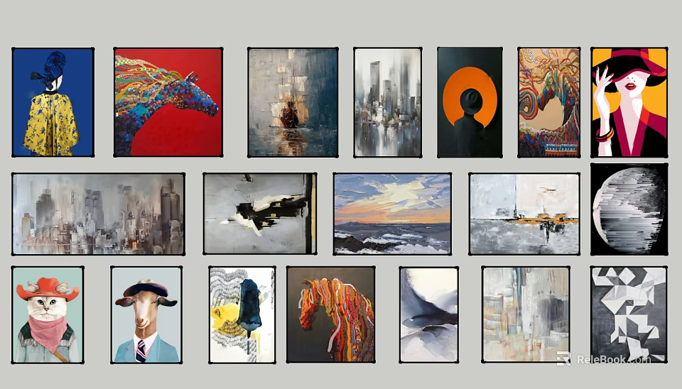 Diverse Wall Art Collection with Animal Cityscape Abstract and Seascape Paintings 3d model 