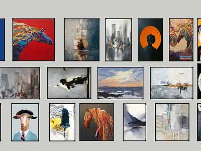 Diverse Wall Art Collection with Animal Cityscape Abstract and Seascape Paintings 3d model