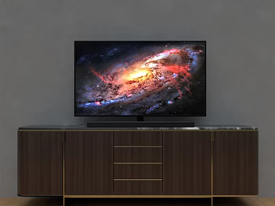 Modern Dark Wood TV Stand With Drawers And Galaxy Display TV 3d model