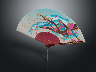 Traditional Decorative Fan With Cherry Blossom Pattern And Intricate Branch Art Design 3d model