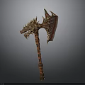 Mythical Dragon Head Battle Axe With Ornate Carved Handle Design