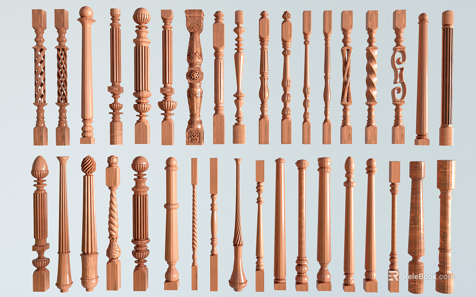 Different Types Of Wooden Balusters With Carved And Plain Design Styles 3d model 