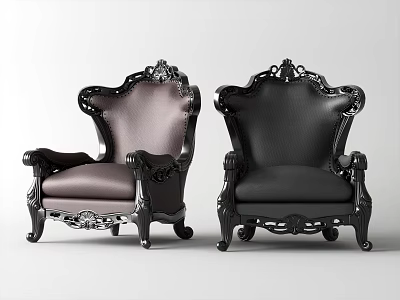 Classic Carved Accent Chairs in Dark Brown and Black Leather with Ornate Armrests and Legs 3d model