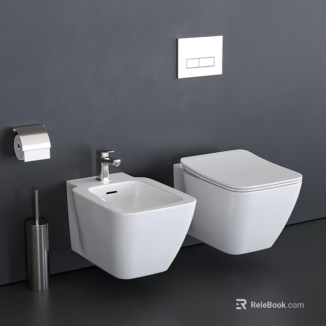 Wall Mounted White Toilet in Modern Bathroom with Gray Wall and Silver Fixtures 3d model 