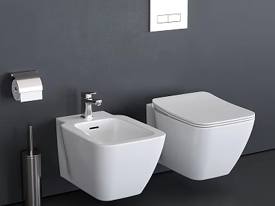 Wall Mounted White Toilet in Modern Bathroom with Gray Wall and Silver Fixtures 3d model