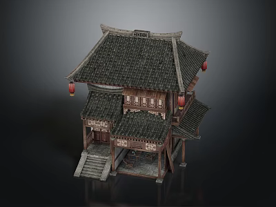 Traditional Chinese Architecture With Sloped Tiled Roof Wooden Structure Red Lanterns And Stone Steps 3d model