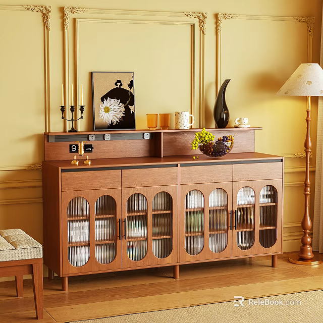 Wooden Sideboard with Glass Doors Decorative Vase Candle Holder Cups and Painting in Warm Interior 3d model 
