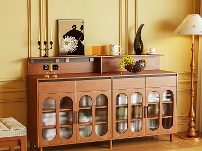 Wooden Sideboard with Glass Doors Decorative Vase Candle Holder Cups and Painting in Warm Interior 3d model