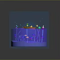 Cartoon Scene with Transparent Container Purple Water Small Boat Animals Water Plants Frog and Dragonfly
