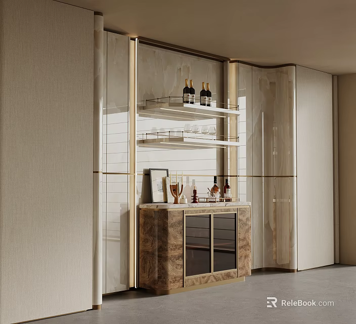 Elegant Modern Wine Cabinet With Marble Countertop Glass Doors And Display Shelves 3d model 