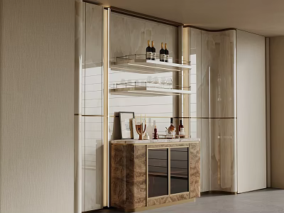 Elegant Modern Wine Cabinet With Marble Countertop Glass Doors And Display Shelves 3d model