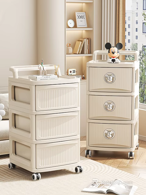White Multi Tier Storage Cabinets With Drawers And Mickey Doll Decor In Living Room 3d model 