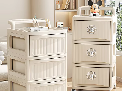 White Multi Tier Storage Cabinets With Drawers And Mickey Doll Decor In Living Room 3d model
