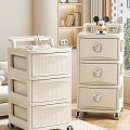 White Multi Tier Storage Cabinets With Drawers And Mickey Doll Decor In Living Room