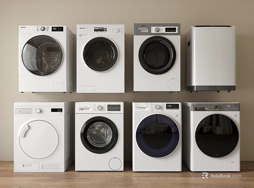 Various White Washing Machines On Wooden Floor With Light Wall Background 3d model 