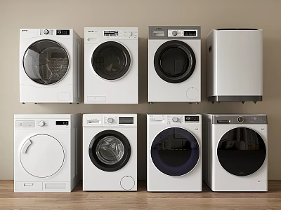 Various White Washing Machines On Wooden Floor With Light Wall Background 3d model