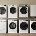 Various White Washing Machines On Wooden Floor With Light Wall Background