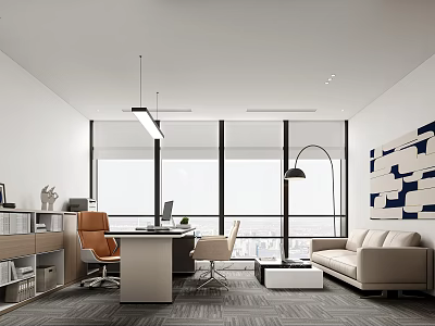 Modern Office Interior With Large Windows Desk Comfortable Chair And Sofa 3d model