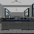 Modern Conference Room Featuring Long Tables Blue Stools Large Windows And Ceiling Fan 3d model