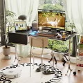 Modern Desk And Chair Combination With Computer Lamp Green Plants Window Curtains And Area Rug