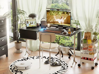 Modern Desk And Chair Combination With Computer Lamp Green Plants Window Curtains And Area Rug 3d model