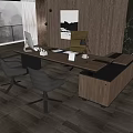 Modern Executive Office Desk With Computer Monitor Desk Lamp And Chairs In Contemporary Workspace