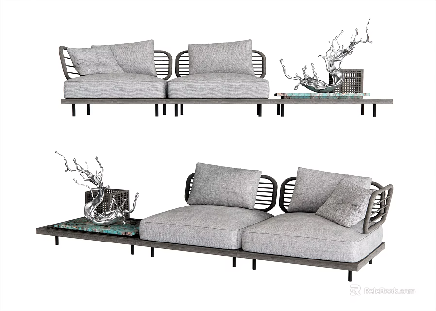 Modern Gray Sectional Sofa With Metal Frame Cushions And Coffee Table Decor 3d model
