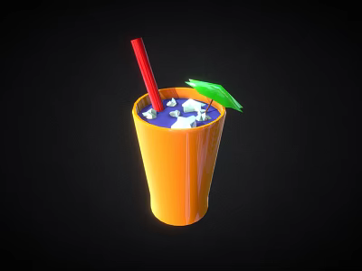 Orange Drinking Glass with Blue Liquid Ice Cubes Red Straw and Green Garnish 3d model