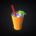 Orange Drinking Glass with Blue Liquid Ice Cubes Red Straw and Green Garnish