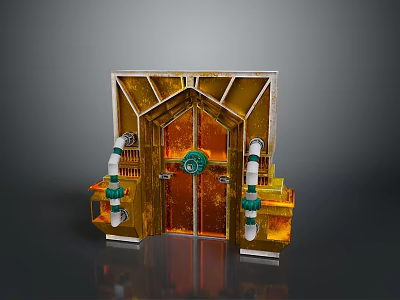 Industrial Equipment With Golden Frame Double Doors And Green Circular Components 3d model