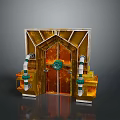 Industrial Equipment With Golden Frame Double Doors And Green Circular Components